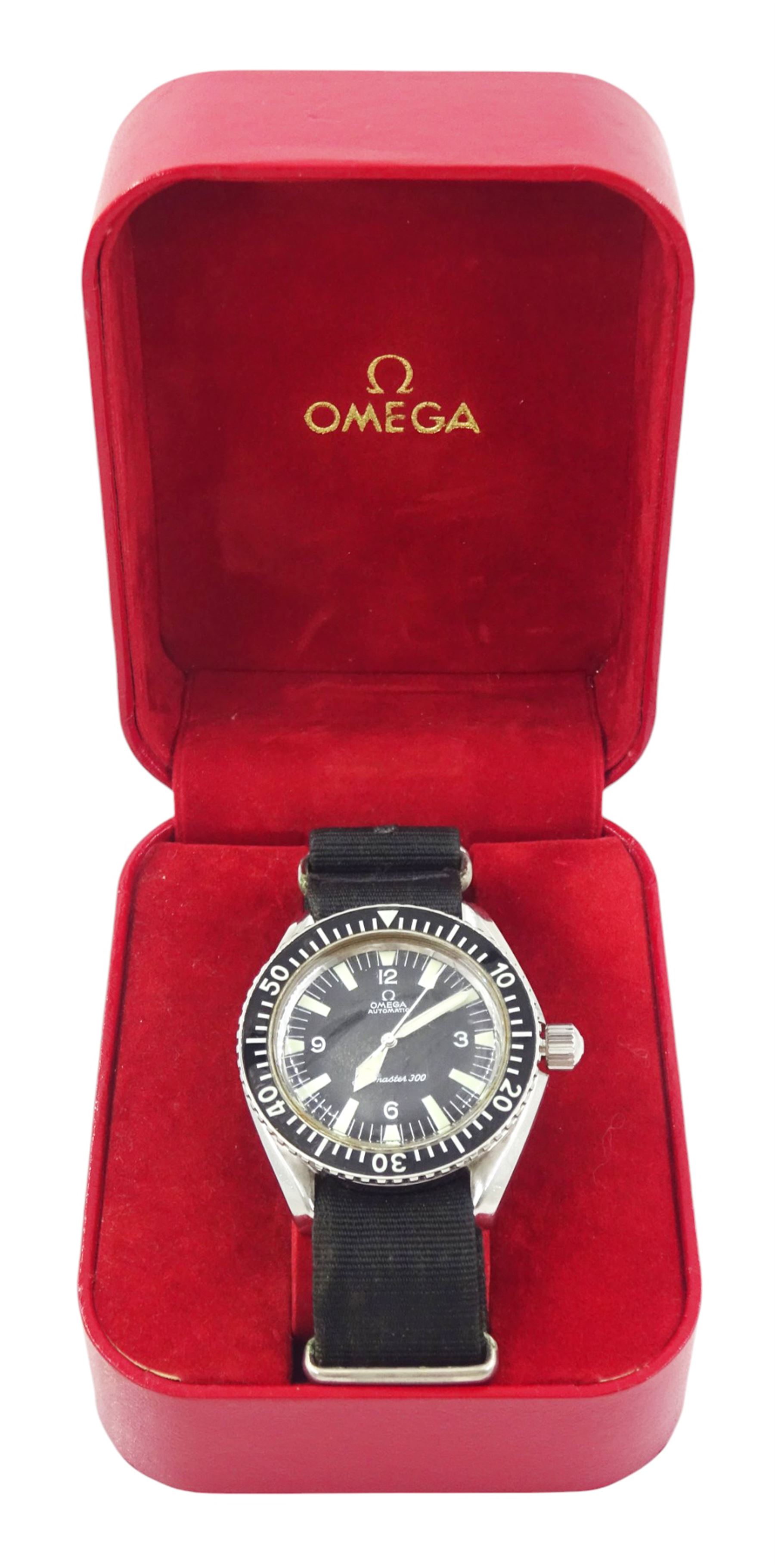 Omega Seamaster 300 gentleman's stainless steel automatic wristwatch, circa 1966, Ref. 165.024, Cal 552, serial No. 23468431, black dial with luminous baton hour markers and Arabic numeral quarters, white outer minute divisions, polished sword hands with luminous inserts, on black fabric strap