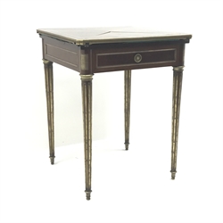  19th century French brass mounted envelope top mahogany card table in Louis XVI style, single drawer with brass tablet engraved Paul Sormani 10 R[ue] Charlot Paris, brass inset fluted supports on topie feet, W113cm, D113cm, H72cm max  