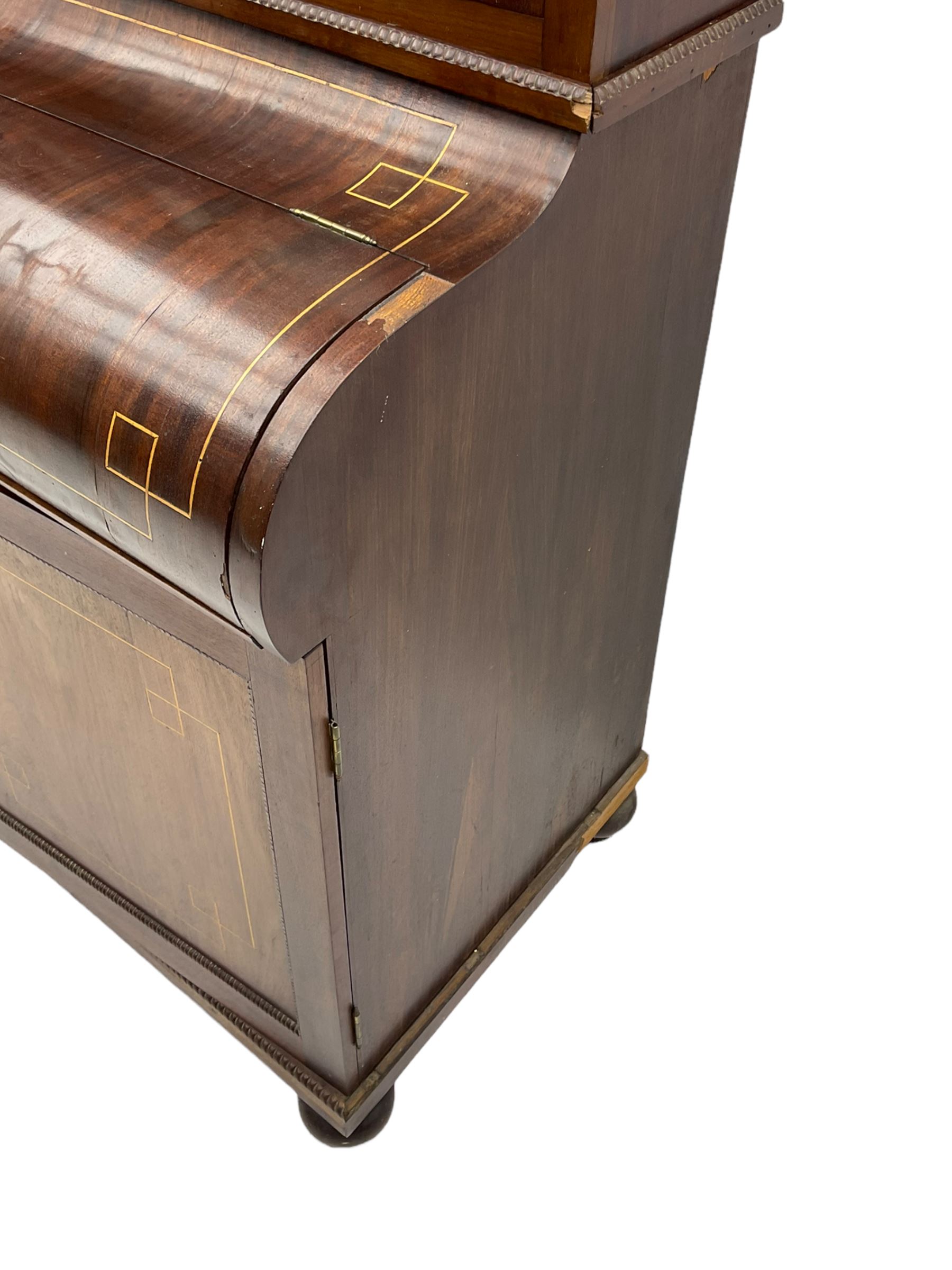 19th century mahogany piano top secretaire bookcase, two astragal doors above curved hinged retractable writing compartment, above two cupboards