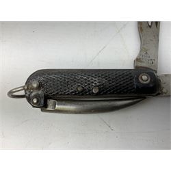 WW2 British army folding jack/clasp knife, the blade marked A.H. Bisby & Co Ltd Sheffield with broad arrow and date 1944, marlin spike and can opener; and British Navy seaman's rope pocket knife, the blade marked Venture H.M. Slater Sheffield (2)