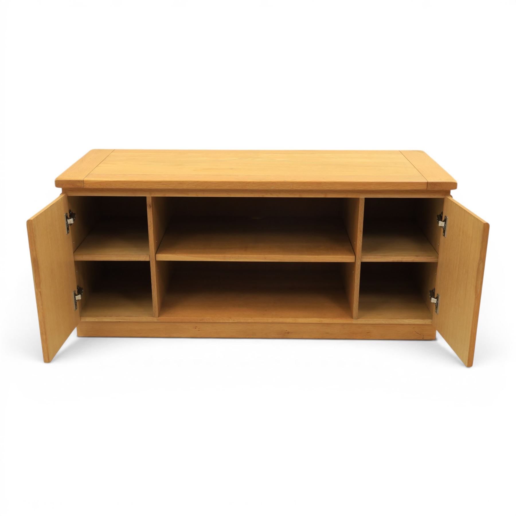 Contemporary light oak television or media unit, two cupboards and two open shelves