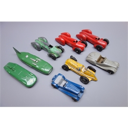  Dinky - eight unboxed and playworn early die-cast models including  Gardner's MG Record Car, Campbell's 'Bluebird in green', two and a part Auto Union Racing Cars, Frazer-Nash and Jaguar Open Tourers etc (8)  