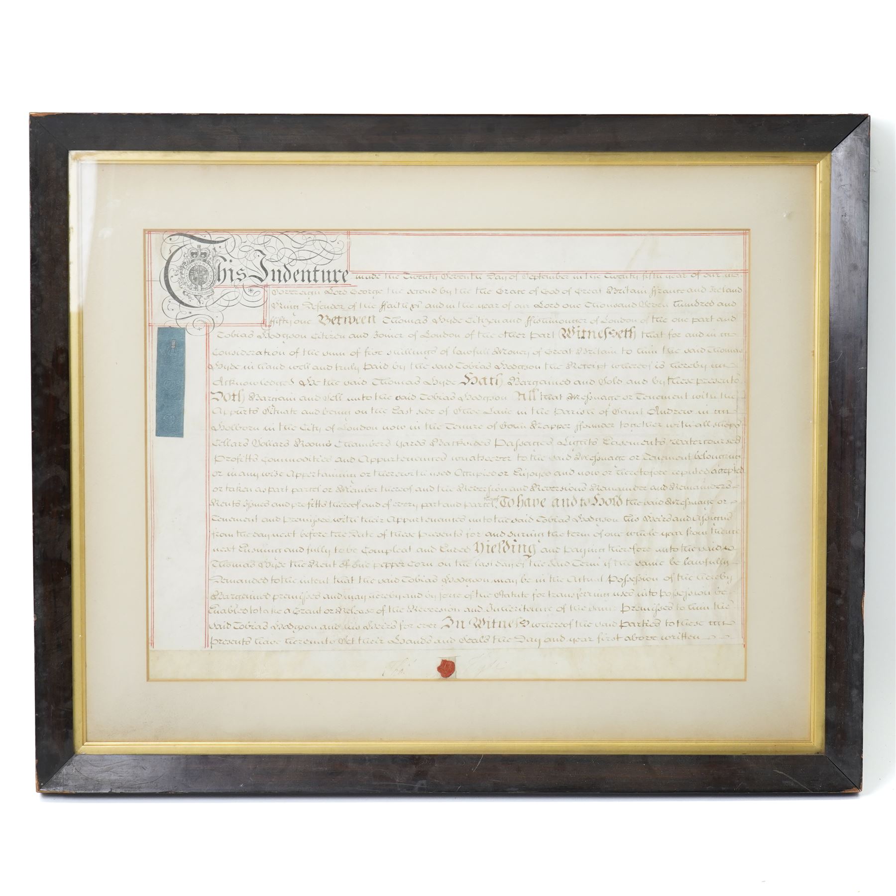 18th century Indenture between Thomas Hyde, citizen and fishmonger of London and Tobias Hodgson, citizen and joiner of London 1751, framed 56cm x 68cm and a 19th century lease regarding property in Soho 1834 (2)