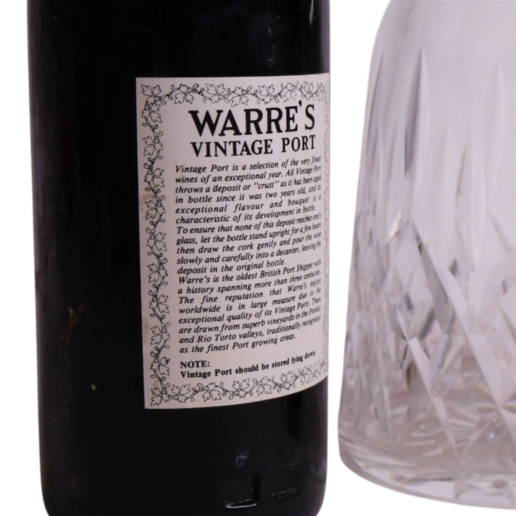 Warre's 1977 vintage port, 75cl unknown proof, two bottles, with Waterford Lismore pattern glass decanter
