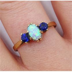 9ct gold three stone oval opal and sapphire, hallmarked