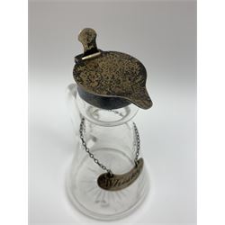 Edwardian silver mounted whisky noggin, of tapering cylindrical form with hinged flat cover, H12cm, together with a silver whisky label, each hallmarked H B Johnson & Co, London, whisky noggin dated 1906, label 1910