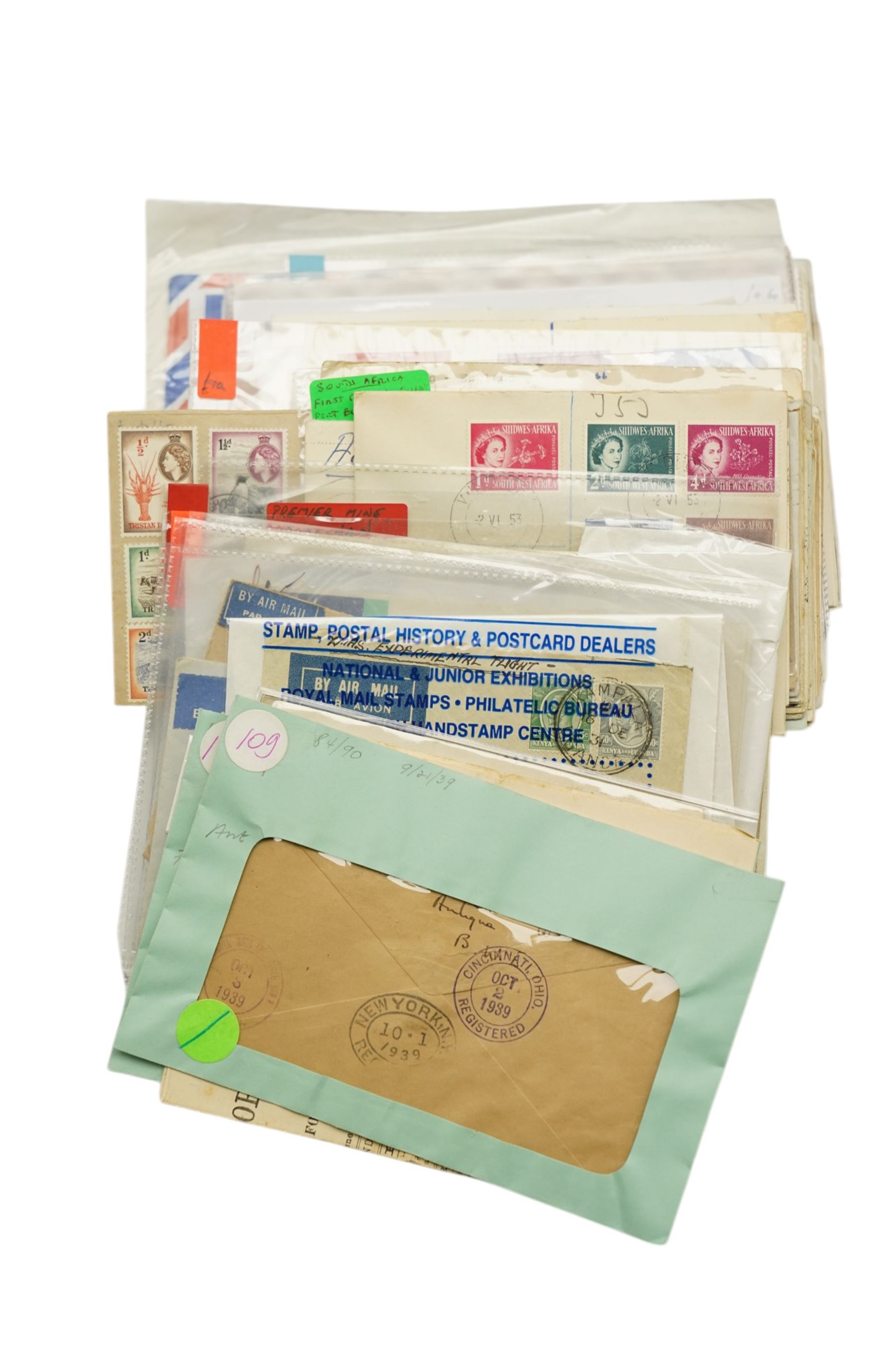Postal history and ephemeral items, including Air Mail covers, Queen Victoria Natal post card and other stamps on postcards, mourning covers, commemorative covers, Queen Elizabeth II Tristan Da Cunha half pence to nine pence stamps on cover with 'Gough Island' postmark, various Imperial Airways covers etc, the majority being Africa but also with some all World material, housed in a binder and loose