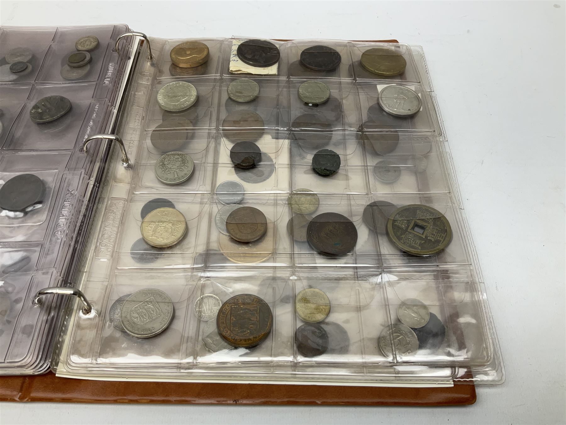 World coins and related items, including Maria Theresa restrike thaler, German silver five deutschmark coins, Sudan 20 piastres, Netherlands 1848 1/2 guilder, United States of America 1964 half dollar etc, small number of fantasy/replica coins etc, housed in a ring binder album 