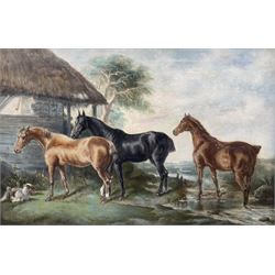 H J Jones (British 19th/20th century): Study of Three Hunters in Landscape, oil on canvas signed 38cm x 59cm
