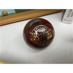 Sondico cricket bat with Yorkshire C.C.C. signatures; framed Lord Taverners v Barclaycard XI programme signed by Colin Milburn, Colin Cowdrey, Roy Kinnear, Nicholas Parsons etc; souvenir Ashes 1994/95 cricket ball; books of cricket interest; tie-pin etc