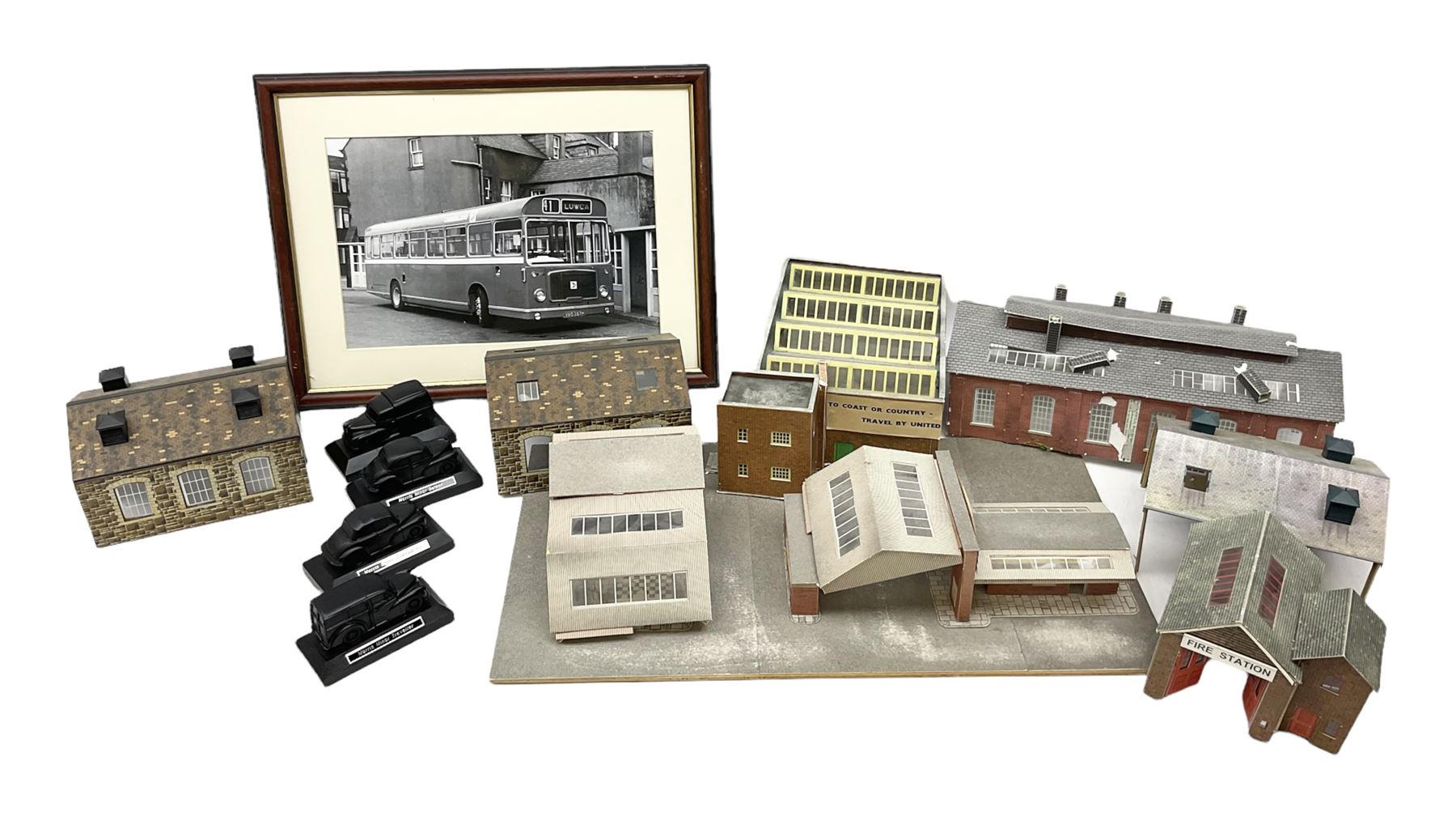 Quantity of model houses, framed print, coal E & J Mining Memories Morris Minor figures etc