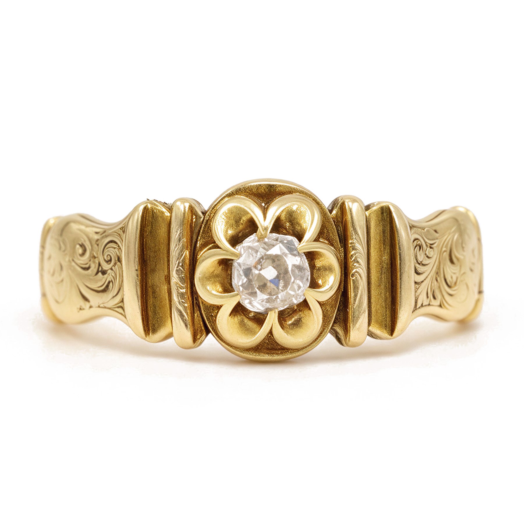 Victorian 18ct gold diamond ring, single cushion shaped old cut diamond of approx 0.45 carat, in an eight claw buttercup setting, to a foliate engraved shank