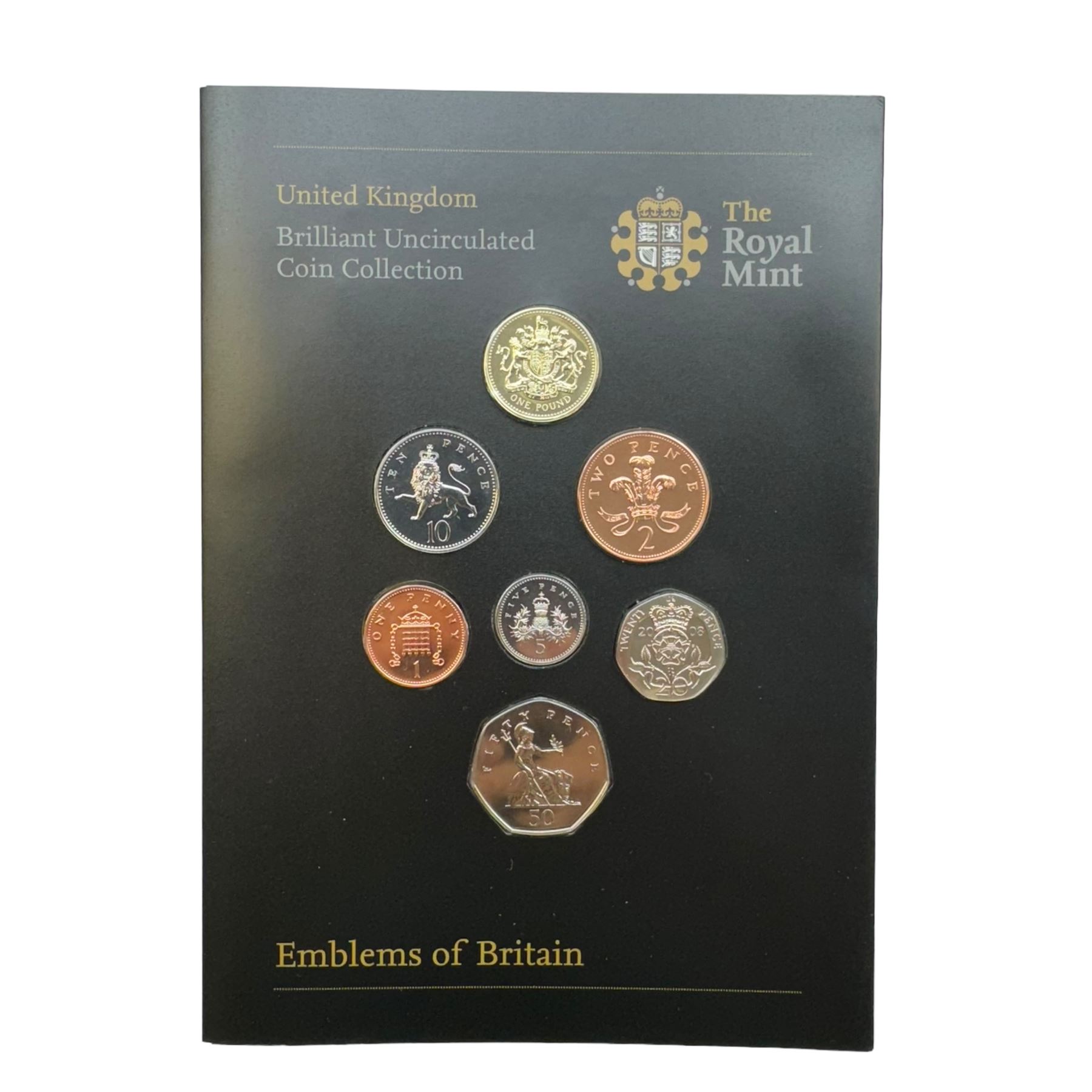 Seven The Royal Mint United Kingdom uncirculated coin sets, comprising  2008 'Emblems of Britain' seven coins, 2010 'A celebration of Britain' eight coins, 2014 'Definitive' eight coins, 2015 'The Fourth Circulating Coinage Portrait Final Edition' eight coins, 2022 'Definitive' eight coins, 2023 'King Charles III Definitives' eight coins and 2024 'Definitive' eight coins, all in card folders