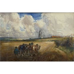 John Atkinson (Staithes Group 1863-1924): Working Horses Harrowing near Ugthorpe Mill, watercolour signed 58cm x 89cm