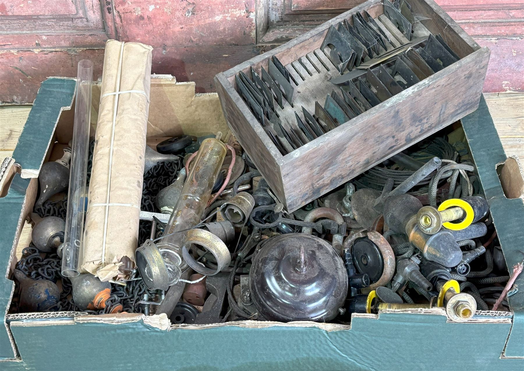 Collection of vintage lab equipment, stencils and test tubes etc, together with a quantity of chain, brass plumb bobs, etc.  - COLLECTION BY APPOINTMENT FROM: The White House, Thirsk Road, Easingwold, York, YO61 3NF - CALL 01723 507111 TO ARRANGE
