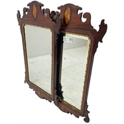Pair of early 20th century Georgian Chippendale mahogany design wall mirrors, shaped pediment and terminal with shell motif inlays, rectangular bevelled plate within a foliate carved gilt slip