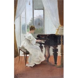 Albert Ludovici Jnr. (British 1852-1932): The Piano Recital, oil on panel signed 24cm x 16cm
