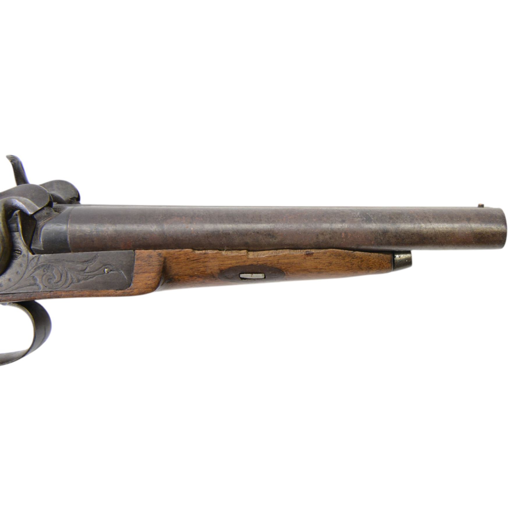 Mid 19th century double-barrelled Italian percussion pistol, smooth, round, 14 mm cal. barrels, forward spring lock engraved with floral motifs; wooden stock with grooved butt and engraved iron mounts, L35cm