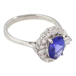 18ct white gold oval tanzanite, baguette and round brilliant cut diamond cluster ring, stamped 750, tanzanite approx 1.20 carat, total diamond weight approx 0.50 carat