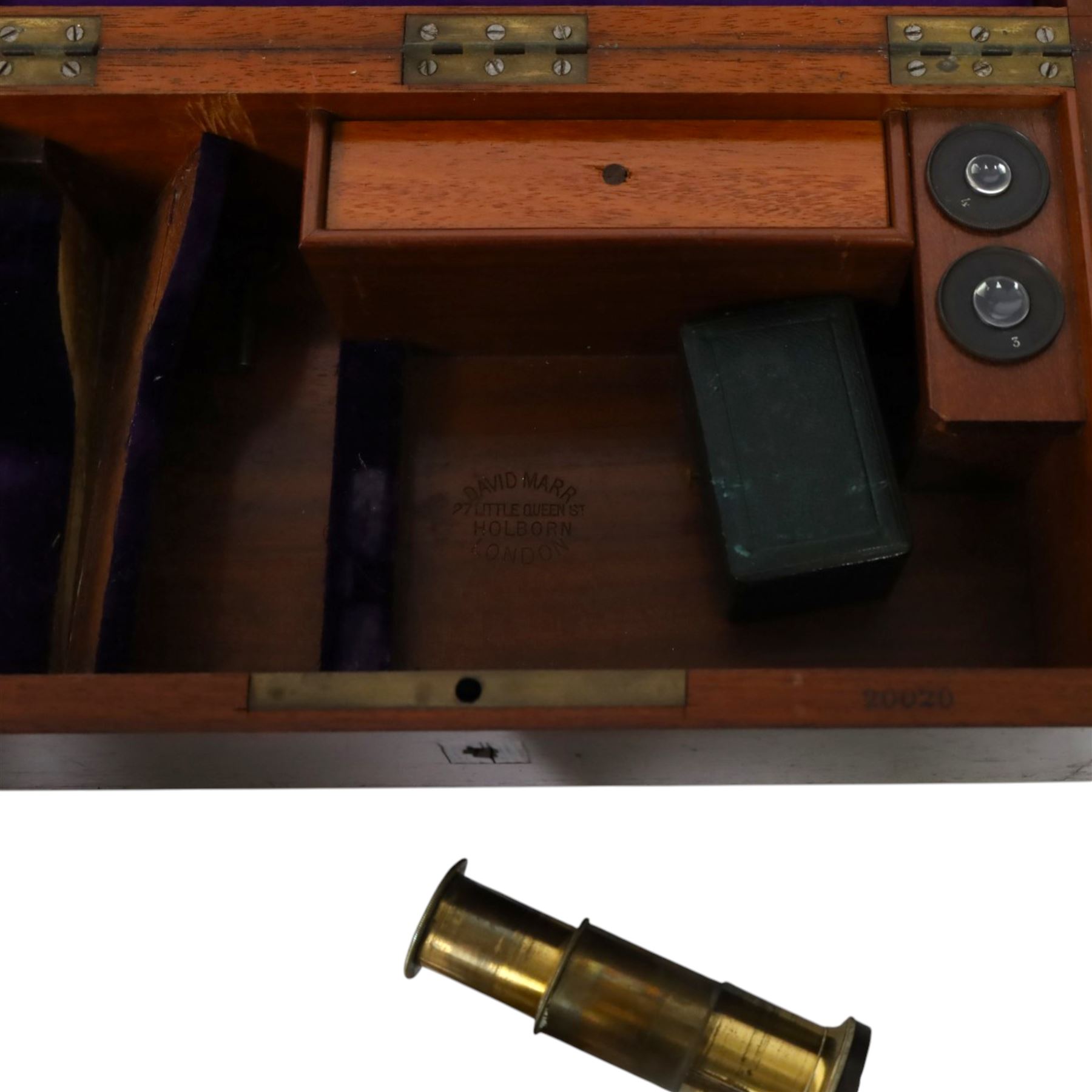 19th century brass monocular microscope by Hartnack & Prazmowski, in fitted case incscribed David Marr London, with two eyepieces, together with two further brass monocular microscopes