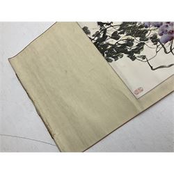 Oriental scroll painting, depicting a tree in blossom purple flower, L150cm