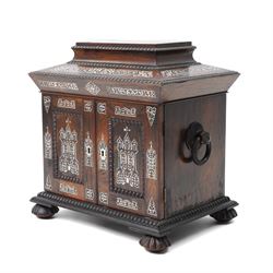 Early Victorian rosewood and mother of pearl inlaid sewing, jewellery, and writing casket  with hinged lid, the upper section fitted for sewing implements, above four drawers, the bottom drawer with writing slope and on compressed fluted feet H36cm x W34cm