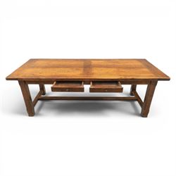 Country pine draw leaf table, bench seat and six chapel chairs, the top of plank construction, with two frieze drawers, additional leaves extending to 320cm, with bench seat and six elm chapel seats