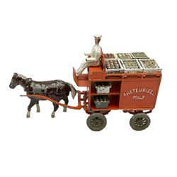 Lesney Toys - early large scale Horse-drawn Milk Float 'Pasteurised Milk' in orange with white crates, grey wheels, white driver and brown horse and eight milk crates containing bottles with different coloured tops L14cm