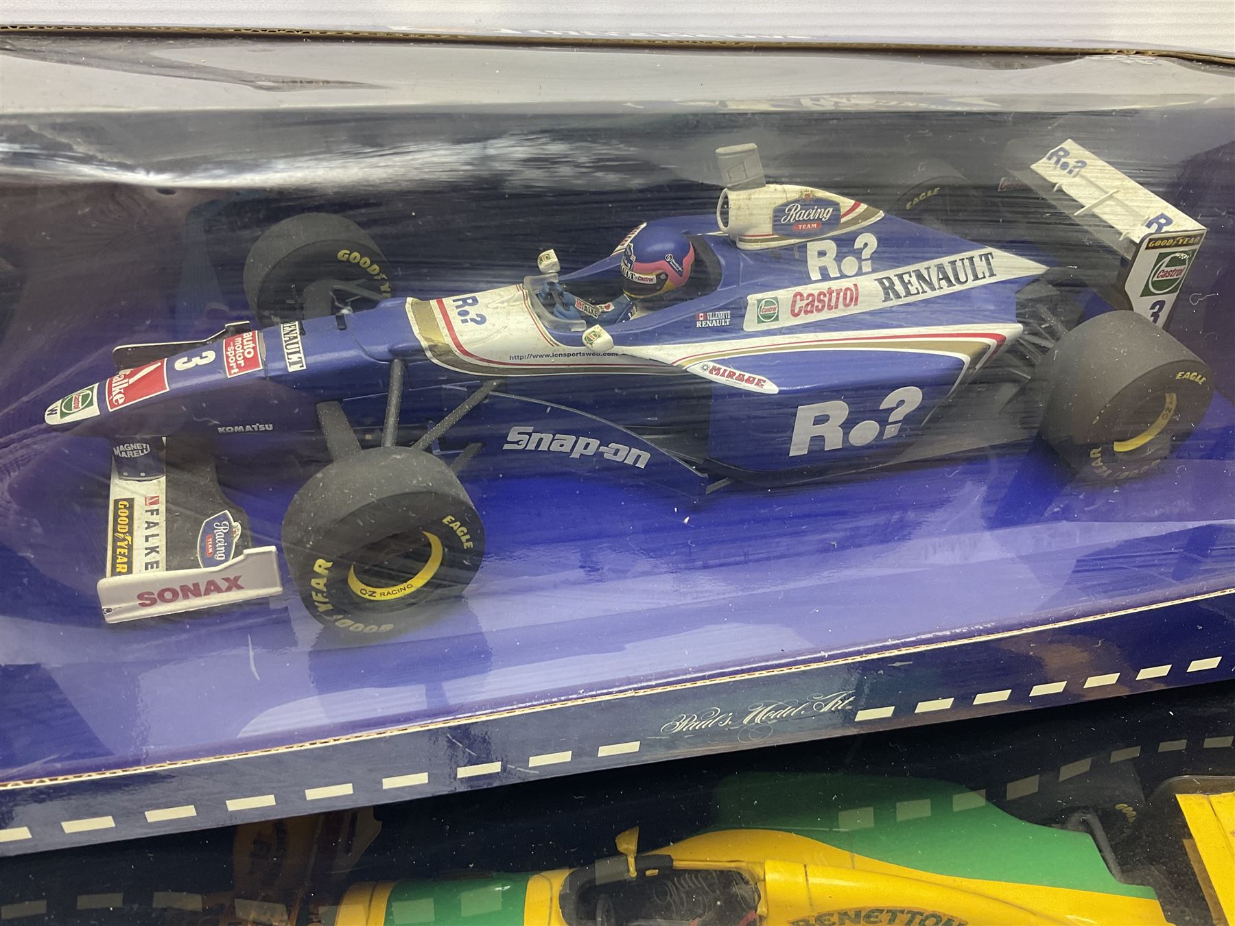 Four Paul's Model Art 1:18 scale die-cast racing cars - Jacques Villeneuve Williams Mecachrome Launch Version 1998 and Williams Renault FW19; Ralf Schumacher Jordan Peugeot 197; and Michael Schumacher Benetton Renault B195 World Champion 1995; all boxed (4)