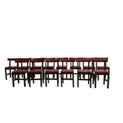 Set fifteen early 20th century oak school chairs, back rail and seat upholstered in claret red faux leather with studwork, raised on square supports united by H-stretcher (15)