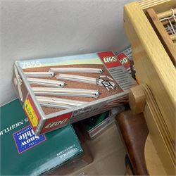 Miscellaneous collectibles to include Tonka model racing car, wooden chess set, boxed Lego electric rails, small quantity of die-cast cars and metal miniature soldiers etc in two boxes 