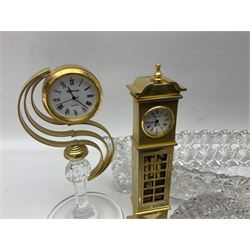 Six small mantel clocks; Grace Darling moulded glass dish; and boxed Beswick figure