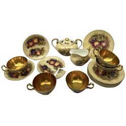 Aynsley Orchard Gold pattern teawares, comprising four tea cups, three saucers, six dessert plates, milk jug and twin handled covered sucrier 