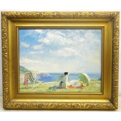 After Dame Laura Knight (Staithes Group 1877-1970): Ladies with a Parasol, print on canvas mounted onto board in heavy gilt frame, and three assorted watercolours, max 35cm x 45cm (4)