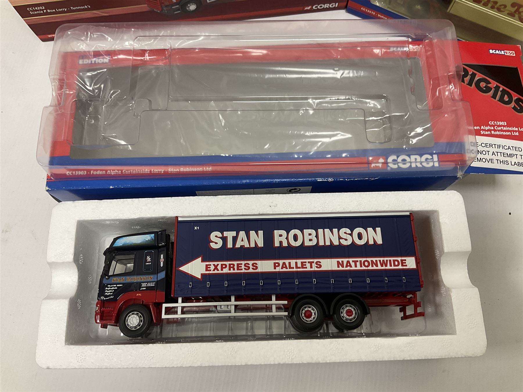 Corgi - four ‘Rigids’ limited edition 1:50 scale die-cast vehicles comprising CC14202 - Scania P Box Lorry Tunnock’s no.1035/1710; CC13515 - Volvo FM Fridge Lorry The Real McKay Ltd; CC13903 - Foden Alpha Curtainside Lorry Stan Robinson Ltd; CC11913 - ERF EC Aggregate Tipper Brian Harris Transport; all boxed (4)