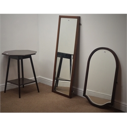  Large rectangular bevel edge mirror with marquetry detailing (W45cm, H129cm), mahogany shaped bevel edged mirror and a mahogany octagonal table  