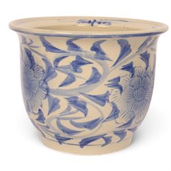 Graduating pair of jardinieres, decorated with peonies amongst foliage, largest H25cm, D32cm 