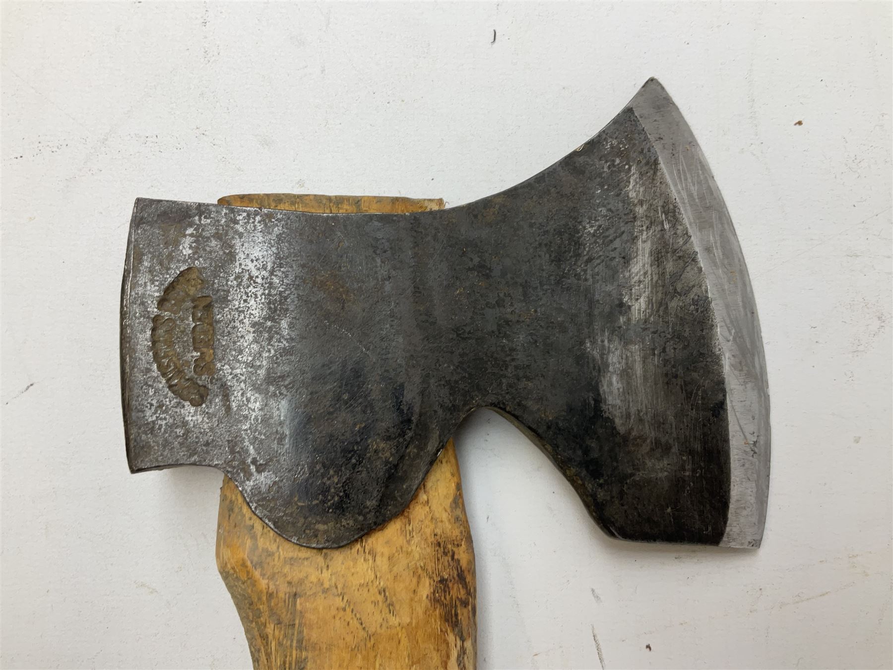 Gransfors Bruk Sweden carving axe, the head stamped both sides including smith's initials, on stamped hickory shaft, in leather sheath L43cm
