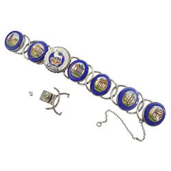 19th century micromosaic oval link bracelet, six oval panels depicting classical ruins and one enamel 'britanniarum rex fidei defensor' coin link 