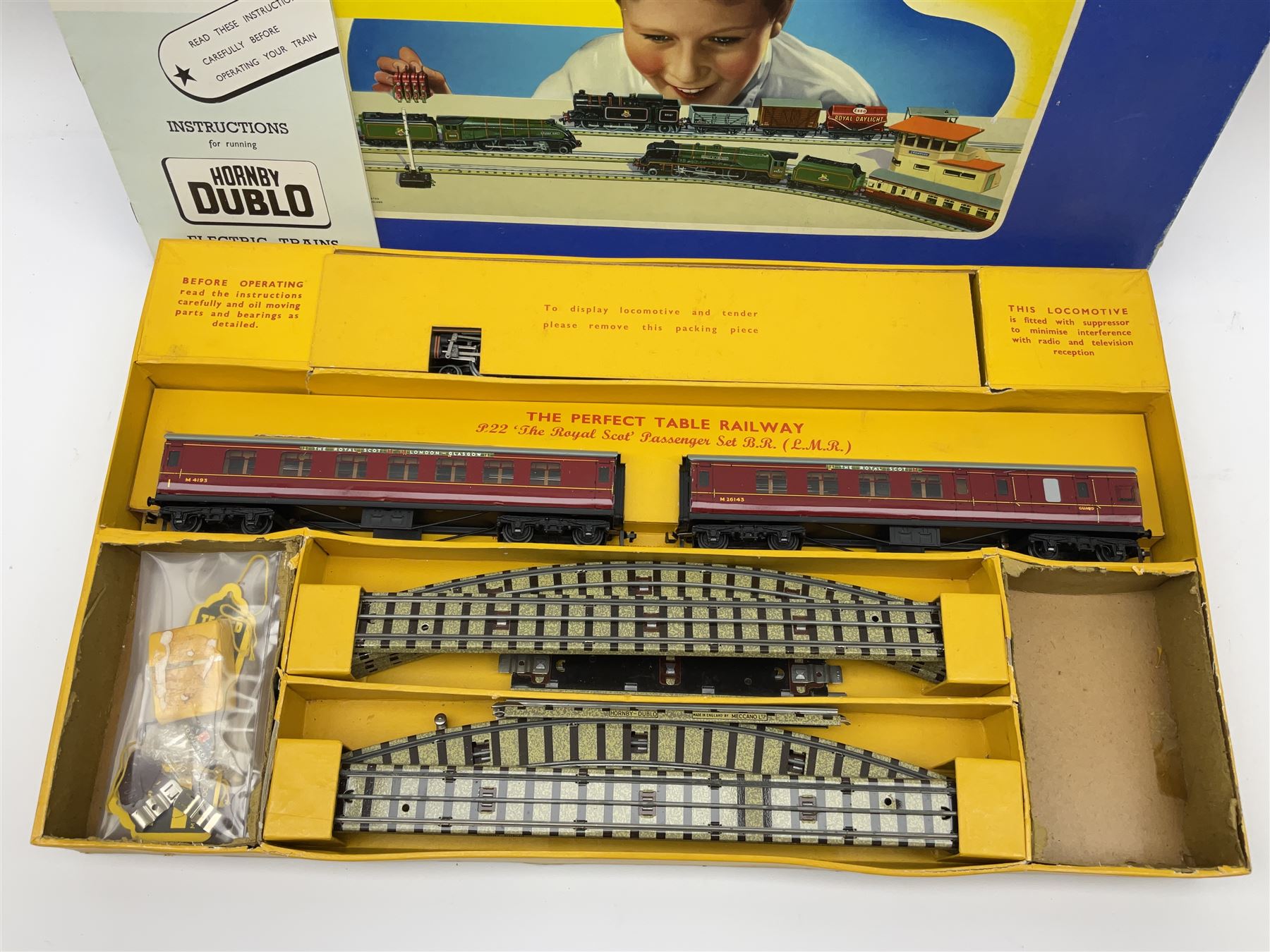 Hornby Dublo - three-rail set P22 'The Royal Scot' passenger train set with Duchess Class 4-6-2 locomotive 'Duchess of Montrose' No.46232, two coaches, track and spanner etc, boxed with instructions.