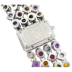 Corum Potpourri ladies stainless steel multi gemstone set quartz wristwatch, Ref. 137.520.47, serial No. 1710972, pink mother of pearl dial, diamond set bezel, on a multi gemstone set bracelet