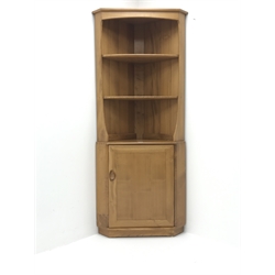ercol light elm corner cabinet, two fixed shelves above single cupboard,  W77cm, H180cm