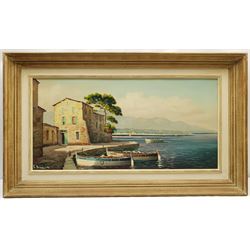 G Guerbuert (Continental 20th century): Mediterranean Quayside, oil on canvas indistinctly signed 38cm x 78cm