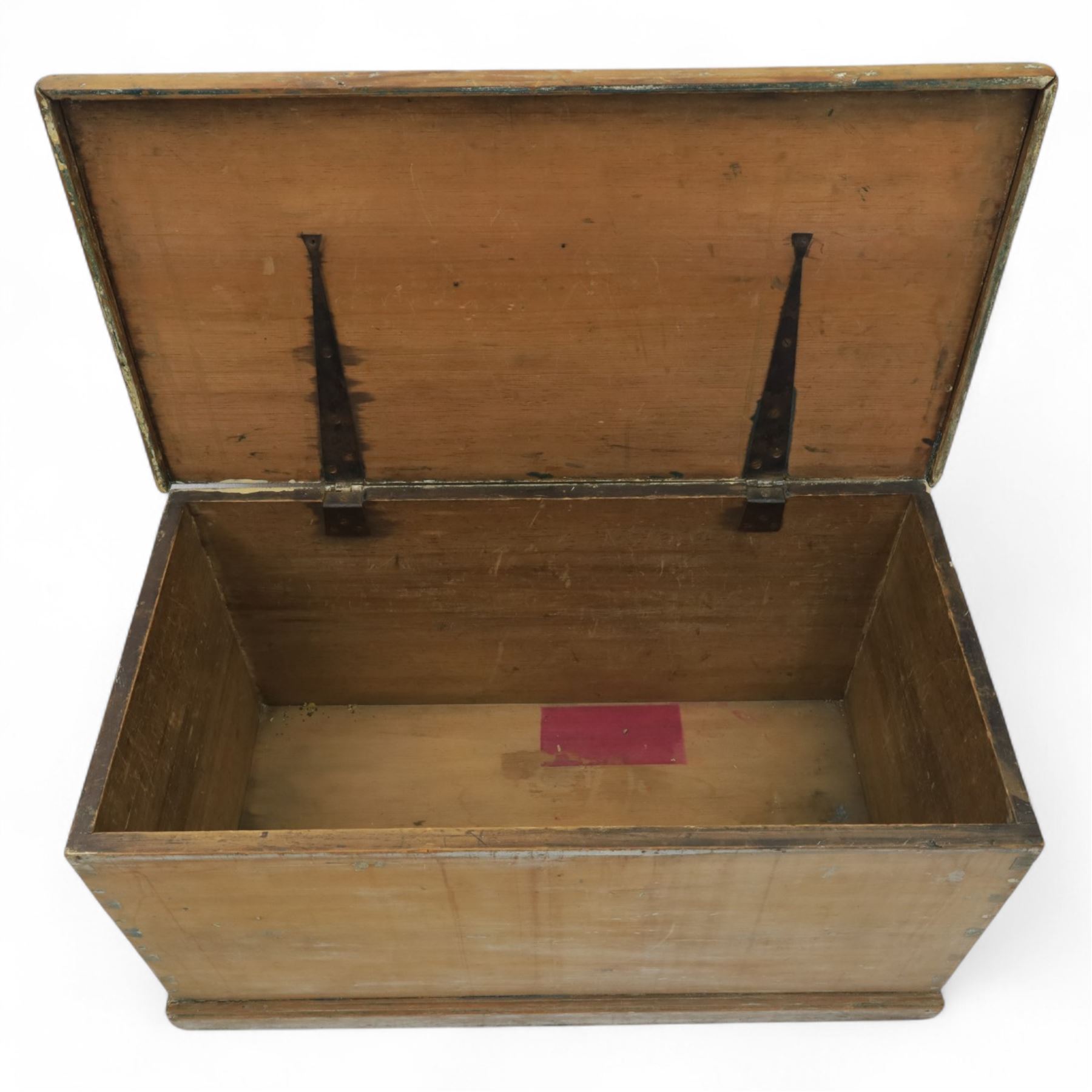 19th century golden oak chest, iron strap carry handles and hinges
