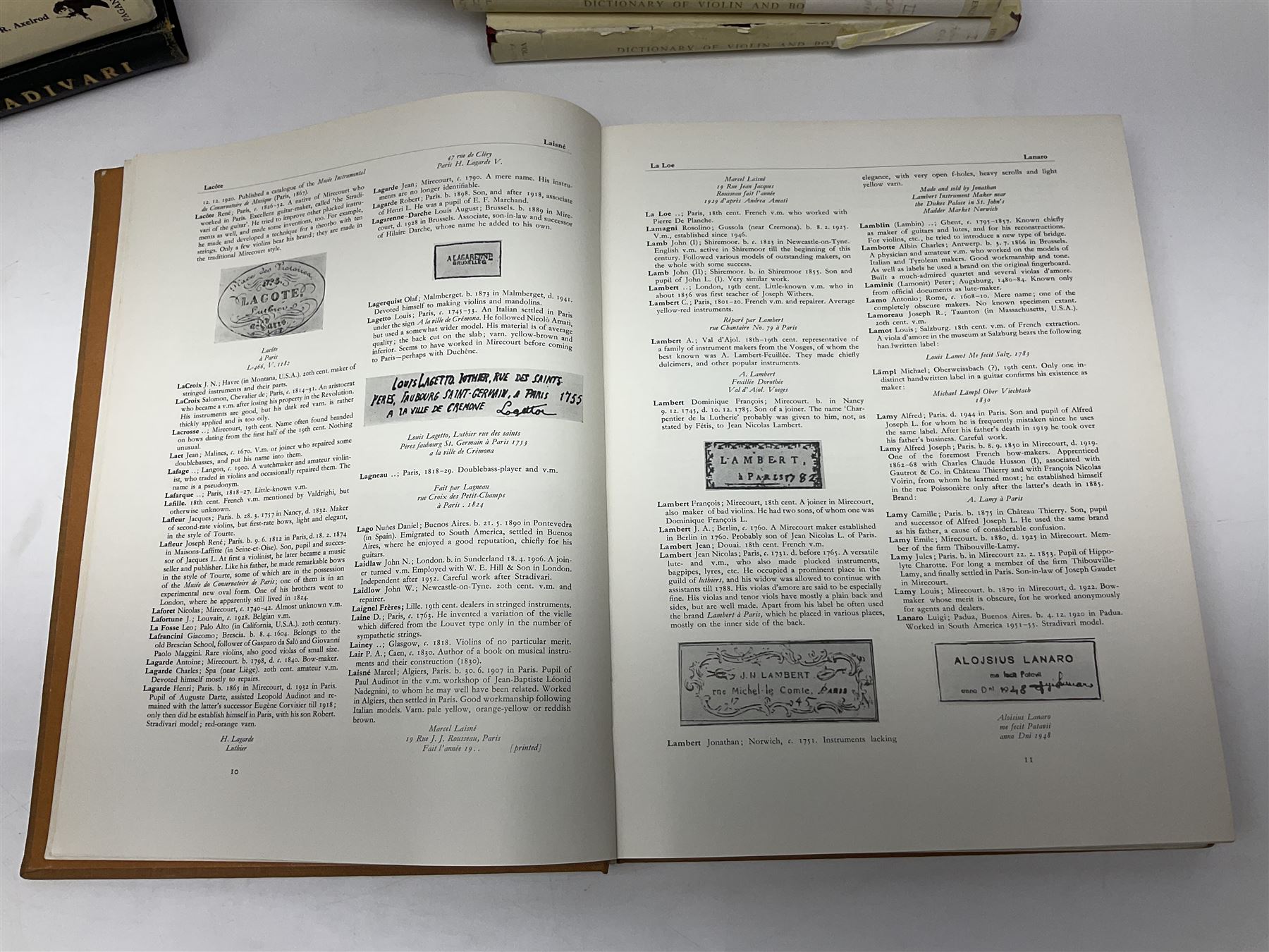 Fourteen books on violins and violin makers including Henley William: Universal Dictionary of Violin and Bow Makers. Five volumes. 1959/60. All first editions with dustjackets; Jalovec Karel: Encyclopaedia of Violin Makers. Two volumes. 1968. Vol.1 with d/j; Heron-Allen Ed.: Violin making As It Was, And Is. Two copies 1984 & 1991. Both with d/j; Henley W.: Antonio Stradivari. 1961; Fetis F.J.: Anthony Stradivari Celebrated Violin Maker. 1964 facsimile edition; Boyden David D.: catalogue of the Hill Collection of Musical Instruments in the Ashmolean Museum. 1979; and two others (14)