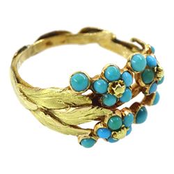 19th/early 20th century 18ct gold cabochon turquoise flower ring, with leaf design shoulders