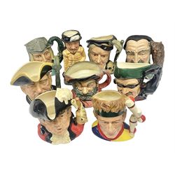 Eight Royal Doulton character jugs, including St George D6618, Guardsman D6568, The Juggler D6835 etc, together with Royal Doulton toby jug Sir Francis Drake D6660