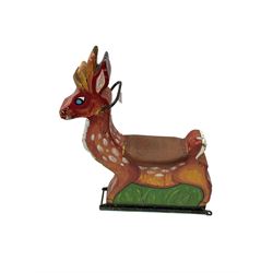 Early to mid-20th century painted wood fairground ride in the form of a deer, orange and red painted with padded seat