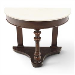 Victorian mahogany marble topped demi lune console table, raised on a turned front support...