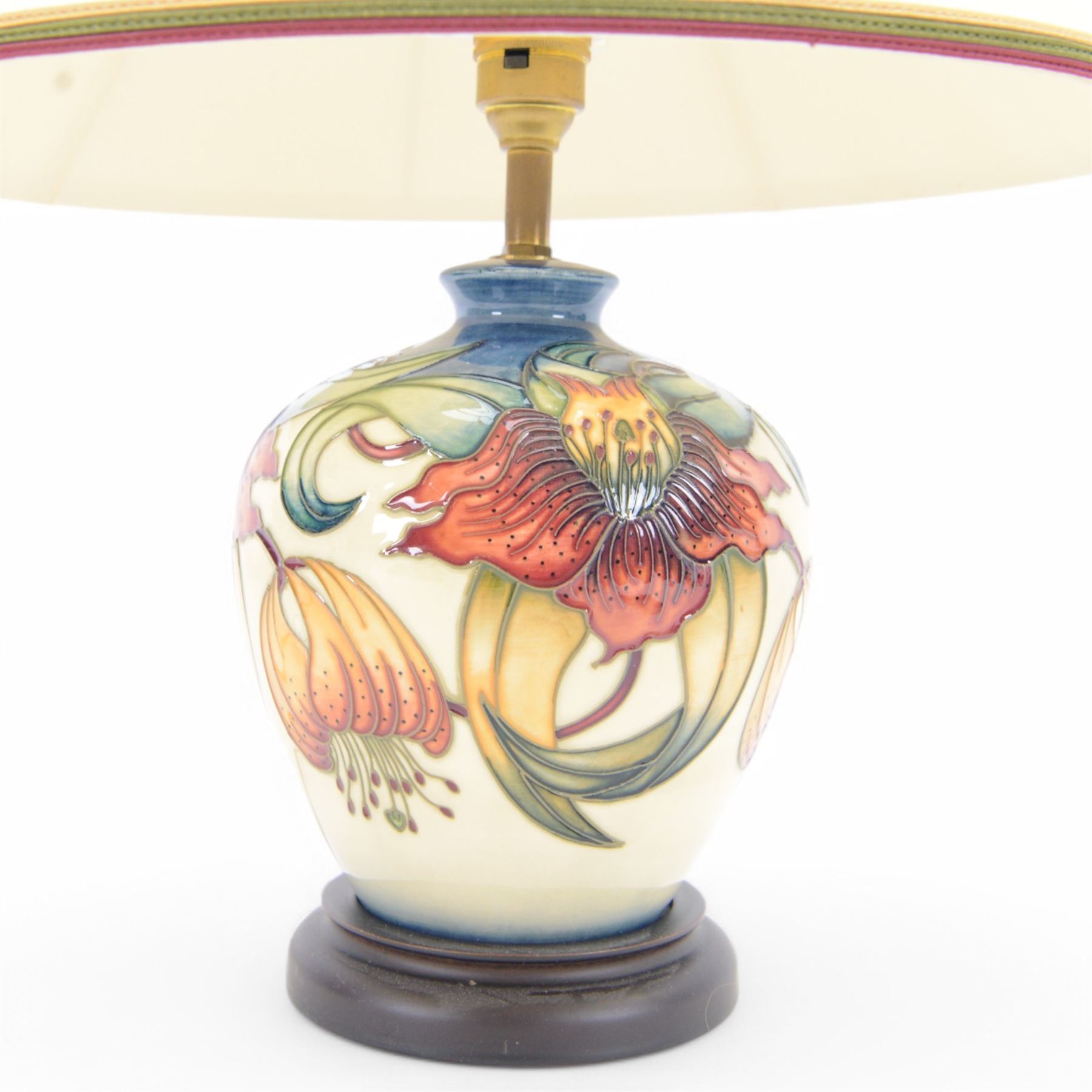 Moorcroft Anna Lily pattern table lamp with original shade, H44cm